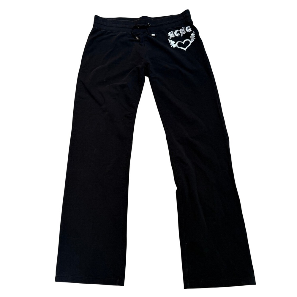 BCBGMAXAZRIA Pants Black Y2K Silver Winged Heart Graphic Drawstring Back Pockets